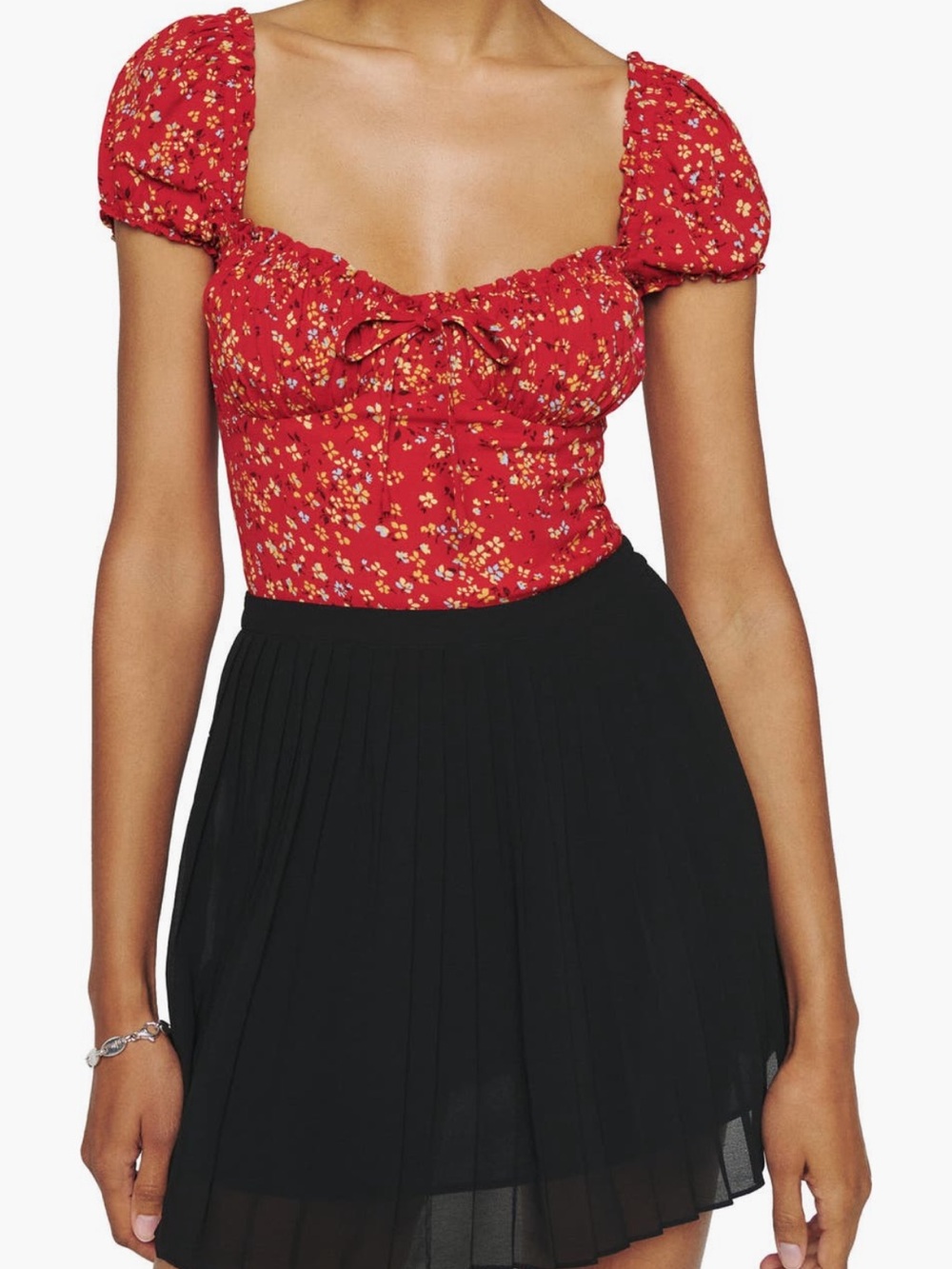Reformation Red Floral Puff Sleeve Sweetheart Top